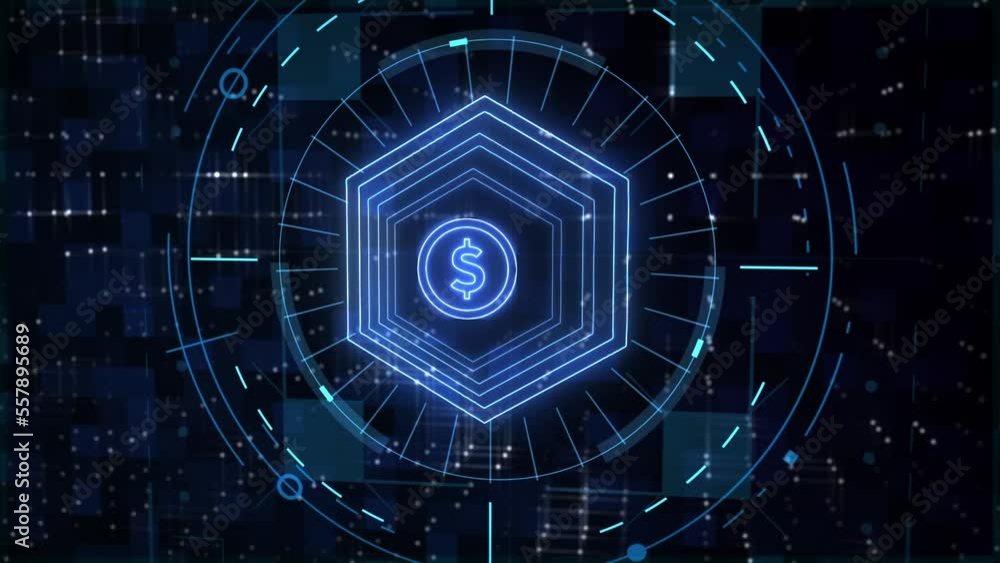 Dollar symbol. Cyber security concept, internet protection, network and computer safety. Futuristic abstract 3d rendering animation. Dollar symbol. Cyber security concept, internet protection, network and computer safety. Futuristic abstract 3d rendering animation.