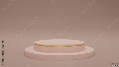 Shiny pink color round pedestal  on studio  backdrops. Dusty Pink Blank display or clean room for showing product. Minimalist mockup for podium display or showcase. 3D vector illustration.