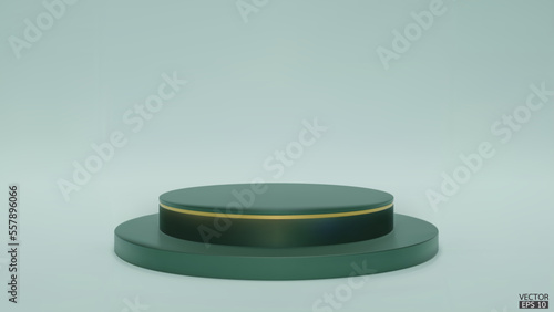 Shiny dark green round pedestal on studio backdrops. Green Blank display or clean room for showing product. Minimalist mockup for podium display or showcase. 3D vector illustration.