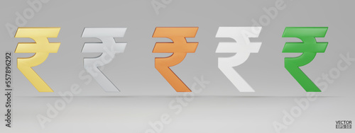 Set of Indian Rupee currency symbol isolated on white background. Gold, copper, silver, green, and white Rupee sign. 3D rupee money currency sign. 3D vector Illustration. photo