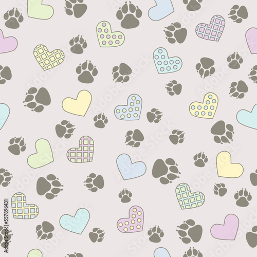 Black pet footprints and colorful hearts on white background, seamless vector pattern