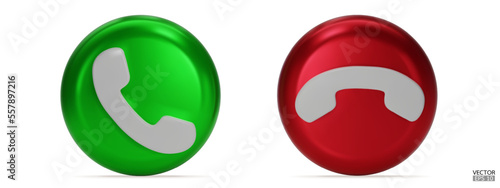 3D Realistic Phone Call button isolated on white background. Answer and decline phone call buttons. Metallic color Phone icon for website design, mobile app, UI. 3D Vector Illustration.