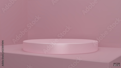 Shiny soft Pink round pedestal on studio backdrops. Blank display or clean room for showing product. Minimalist mockup for podium display or showcase. 3D vector illustration.
