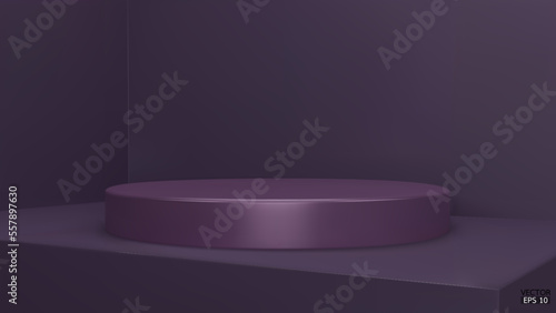 Shiny dark purple round pedestal on studio backdrops. Blank display or clean room for showing product. Minimalist mockup for podium display or showcase. 3D vector illustration.