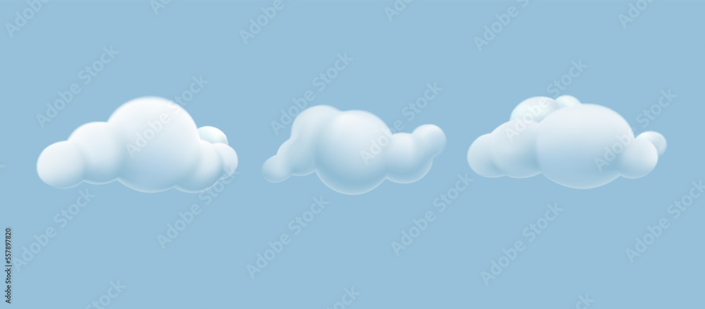 Set of white 3D clouds isolated on pastel blue background. Soft round clouds in the style of plasticine. Realistic vector 3D.