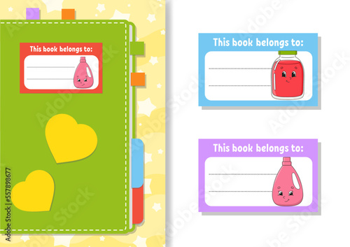 Book label stickers for kids. The rectangular shape. Cartoon character. For the diary, notebook, book. Isolated on white background. Vector illustration.