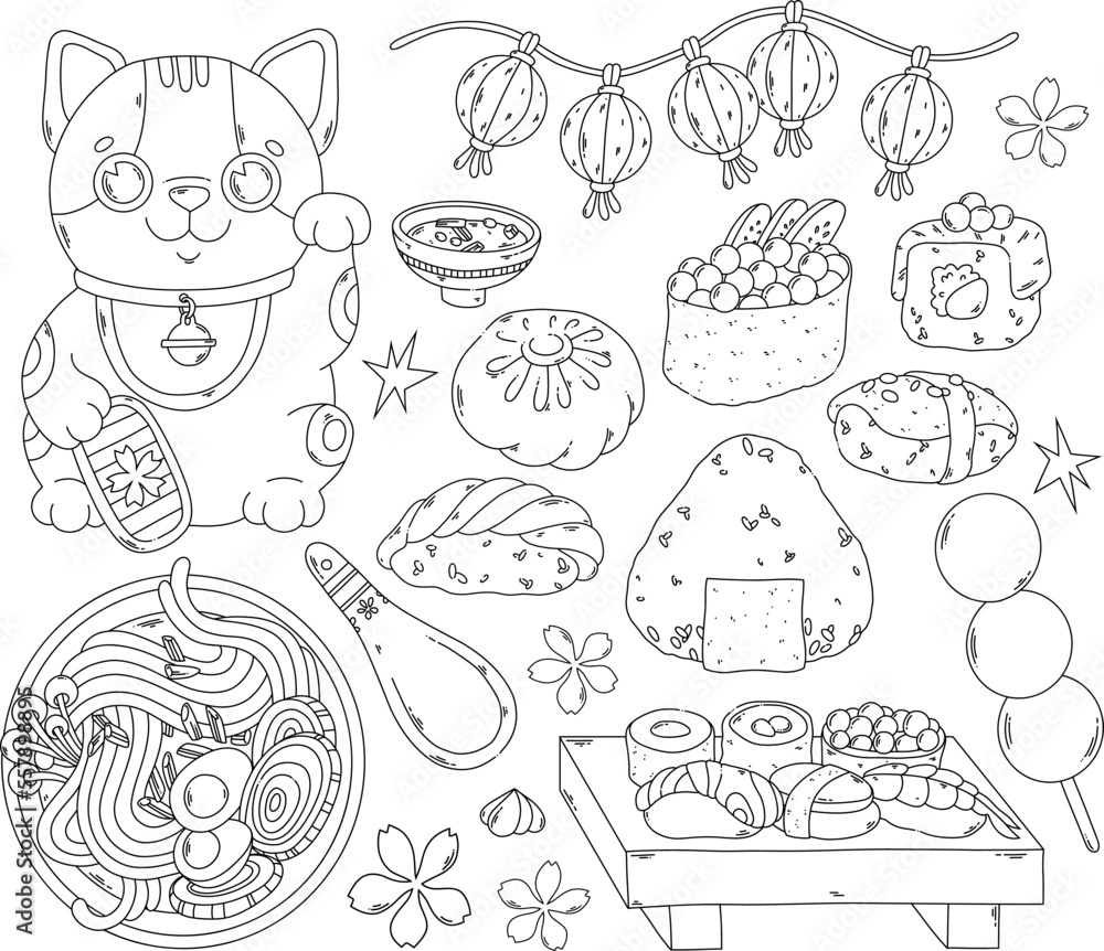 Japanese lucky cat, sushi and traditional food black outline for coloring page