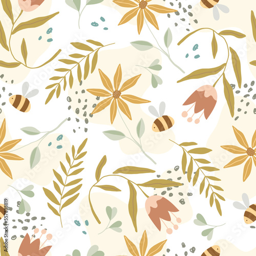 Yellow flowers, leaves and bees floral vector seamless pattern on textured background