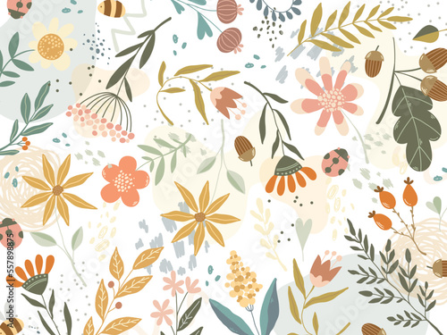 Floral doodle vector wallpaper with wildflowers, acorns, leaves, bee and ladybug on textured background