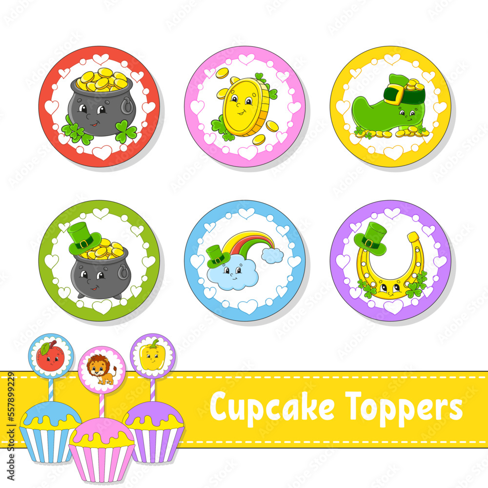 Cupcake Toppers. Set of six round pictures. cartoon characters. Cute image. For birthday, baby shower. Isolated on white background. Vector illustration. Cupcake Toppers. Set of six round pictures. cartoon characters. Cute image. For birthday, baby shower. Isolated on white background. Vector illustration.