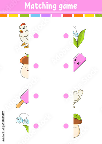 Matching game. Draw a line. Education developing worksheet. Activity page with color pictures. Riddle for children. Cute character. Cartoon style. Vector illustration.