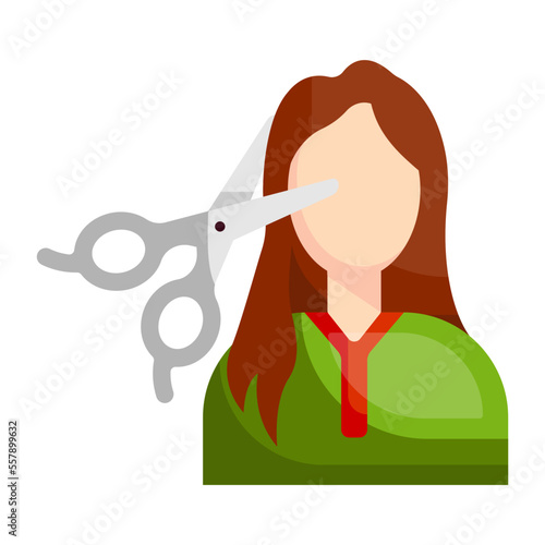 girl with hair thinning scissors in front of face vector icon design, beauty and personal care symbol, cosmetics and dermatologist sign, body aesthetics stock illustration, Hairdresser concept