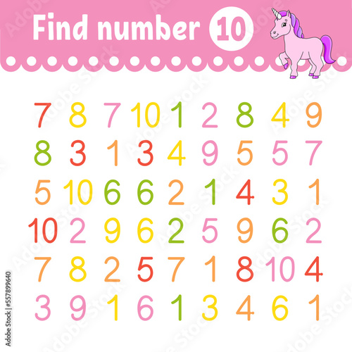 Find number. Education developing worksheet. Activity page with pictures. Game for children. Funny character. cartoon style. Vector illustration.