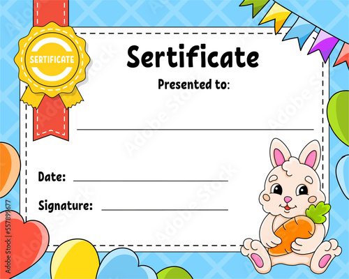 Sertificate template for kids. Colorful school and preschool diploma. With cute character. Vector illustration.