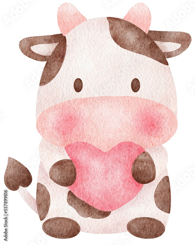 Cute valentine cow holding heart watercolor