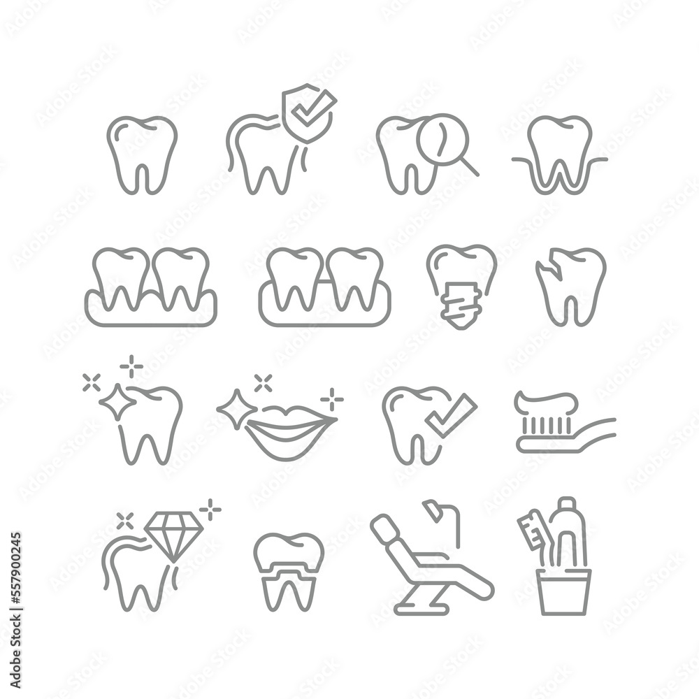 Dental care and therapy line vector icon set. Healthy tooth, caries, implants and oral hygiene set. Teeth icons. Dental care and therapy line vector icon set. Healthy tooth, caries, implants and oral hygiene set. Teeth icons.