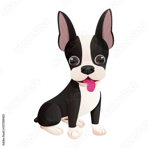 Cute Boston terrier cool sweet puppy sitting with tongue in cartoon style isolated on white background. Cute dog, print design