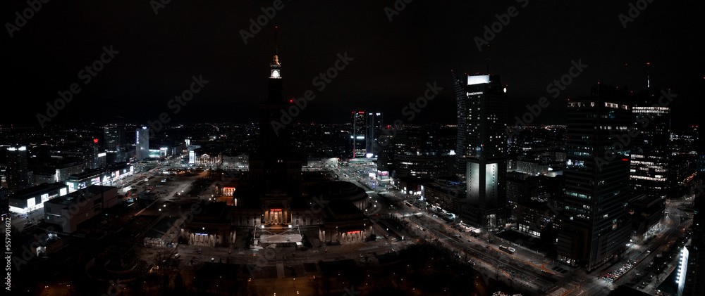 Aerial night view of the downtown of Warsaw, Poland. Night skyscrapers in the city center of Warsaw.