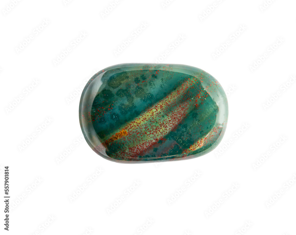 Semi precious stone heliotrope also known as bloodstone. Green gemstone with red spots isolated on white background. Studio shot, lot of copy space. Semi precious stone heliotrope also known as bloodstone. Green gemstone with red spots isolated on white background. Studio shot, lot of copy space.