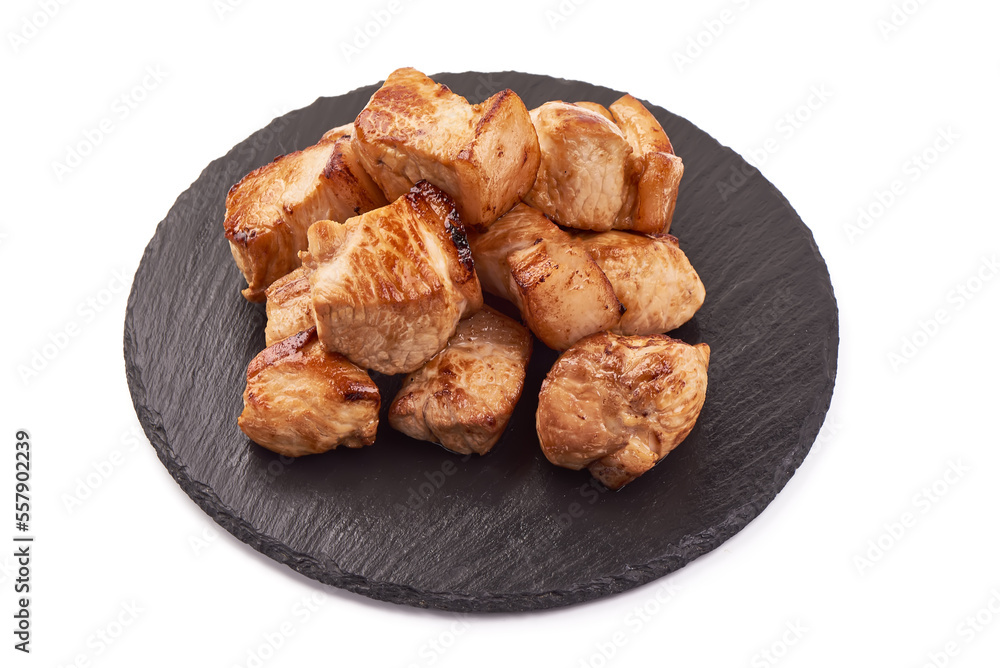 Roasted Shish kebab. Skewers with pieces of grilled barbecue, isolated on white background. Roasted Shish kebab. Skewers with pieces of grilled barbecue, isolated on white background.