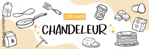Chandeleur - Bannière autour de la fête des Crêpes - Titre et illustrations présentant les ingrédients et les ustensiles pour faire des crêpes.