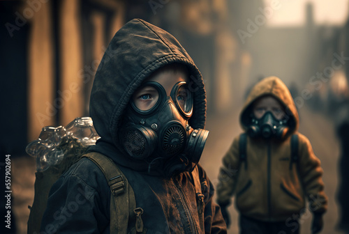 Children wearing gas masks after environment pollution - Generative AI