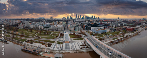 Panoramic aerial view of the modern skyscrapers and business center in Warsaw. View of the city center from above in Warsaw, Poland.