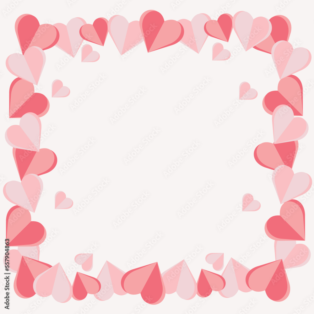 Pink flying hearts in the form of a frame .Vector illustration. Paper decorations for Valentine's Day.