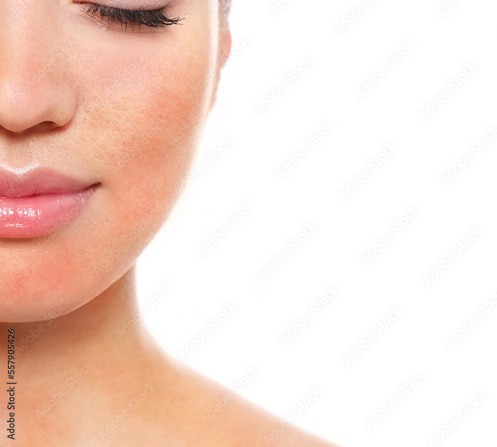 Obraz premium Young woman with dry skin on white background, closeup