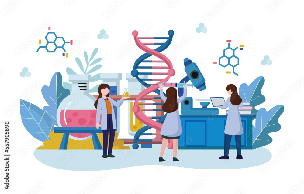 Genomics scene . Scientists are doing research in laboratory room . Genome therapy concept . Flat design . Vector . Genomics scene . Scientists are doing research in laboratory room . Genome therapy concept . Flat design . Vector .