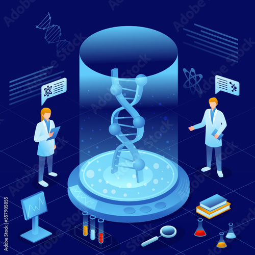 Genomics scene . Scientists are doing research in laboratory room . Genome therapy concept . Isometric design . Vector .