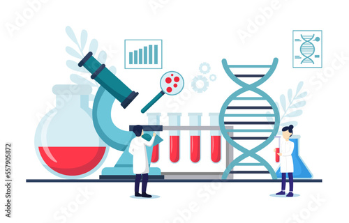 Genomics scene . Scientists are doing research in laboratory room . Genome therapy concept . Flat design . Vector .