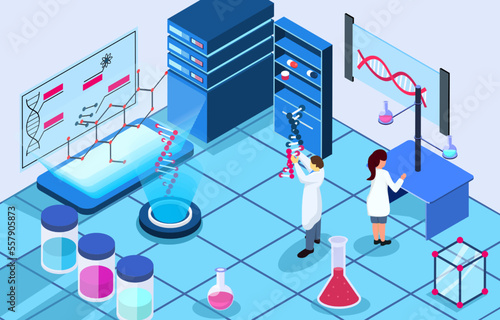 Genomics scene . Scientists are doing research in laboratory room . Genome therapy concept . Isometric design . Vector .
