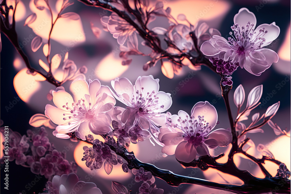 Abstract translucent design with occasional light pink cherry blossoms