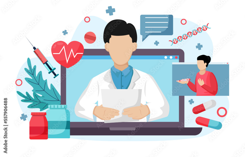 Telemedicine . Doctor is consulting with patient by online internet . Flat design . Vector . Telemedicine . Doctor is consulting with patient by online internet . Flat design . Vector .