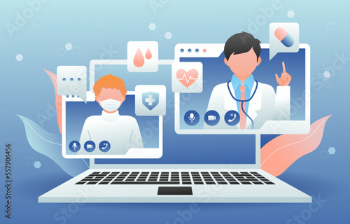 Telemedicine . Doctor is consulting with patient by online internet . Flat design . Vector .