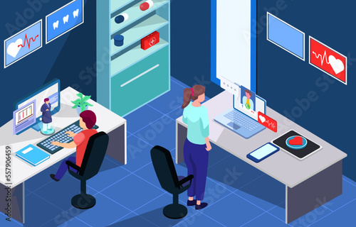 Telemedicine . Doctor is consulting with patient by online internet . Isometric design . Vector .
