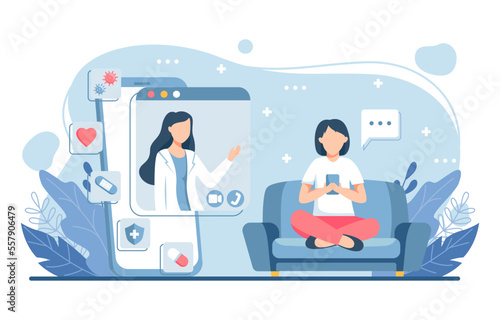 Telemedicine . Doctor is consulting with patient by online internet . Flat design . Vector .