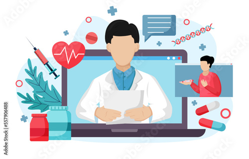 Telemedicine . Doctor is consulting with patient by online internet . Flat design . Vector .