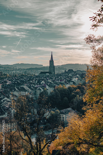 Bern, Capital city of Switzerland, in top view cityscape, sunset time