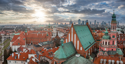 Aerial view of the Christmas tree near Castle Square with Column of Sigismund in polish capital - Warsaw. Christmas spirit in Warsaw city.