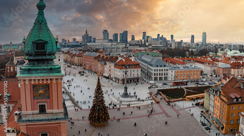 Aerial view of the Christmas tree near Castle Square with Column of Sigismund in polish capital - Warsaw. Christmas spirit in Warsaw city.