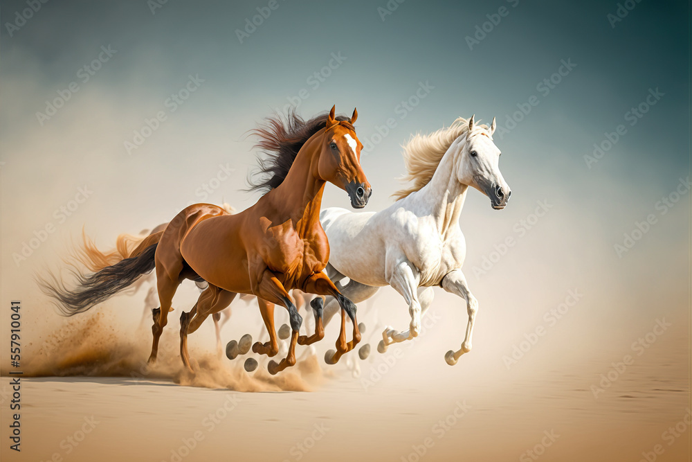 Majestic Arabian and Andalusian Horses Galloping Freely in a Dusty Desert Scene generative ai   