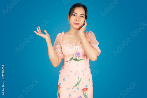 Beautiful woman standing on the bottom of the right hand
