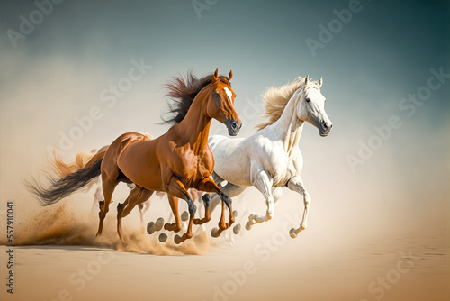 Majestic Arabian and Andalusian Horses Galloping Freely in a Dusty Desert Scene generative ai   