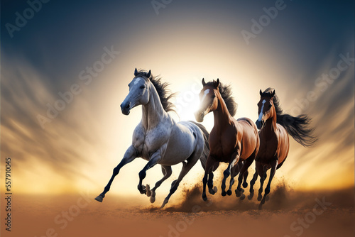 Three Gallop of Arabian Horses in Dust at Sahara Desert , generative ai 