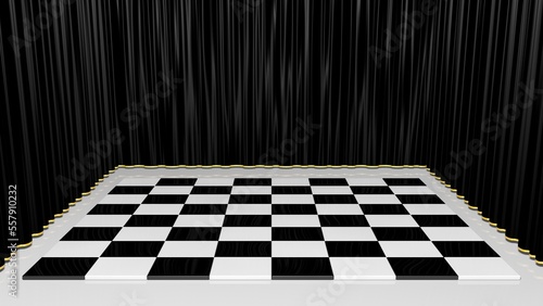 Raum mit schwarzen Vorhängen und einem großen Schachbrett