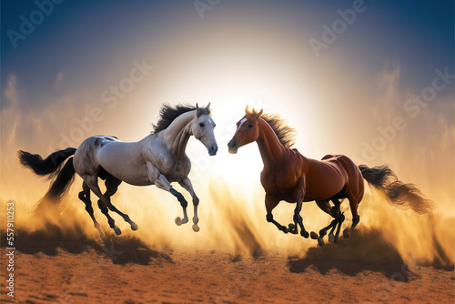 Two Arabian Horses stallion with long mane portrait run gallop at Sahara Desert generative ai  