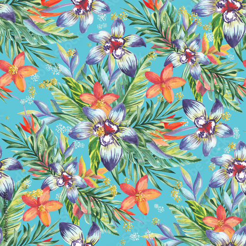 Flowers from rainforest - orchids and jungle trees leaves. Seamless pattern with hand drawn watercolour illustrations