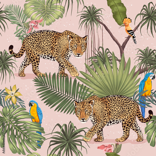 Spot panthers in the jungle with blue parrots. Seamless pattern with hand drawn digital illustrations with tropical theme